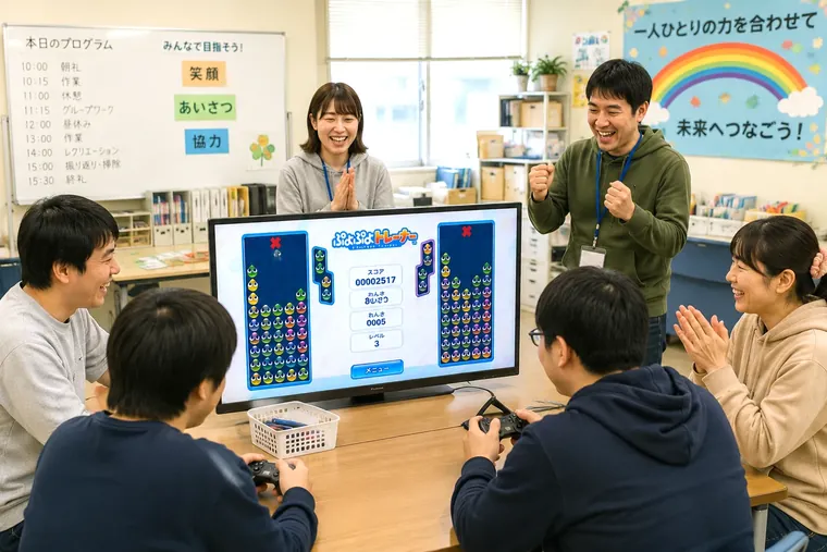 フロアでモニターを囲み、二人の対戦を応援する様子（利用イメージ）